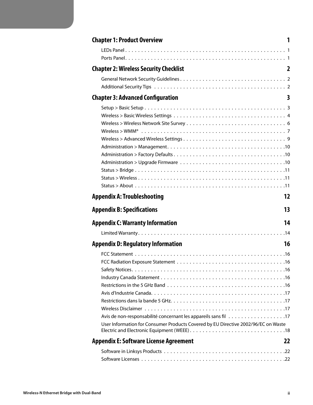 Linksys WET610N manual Table of Contents 