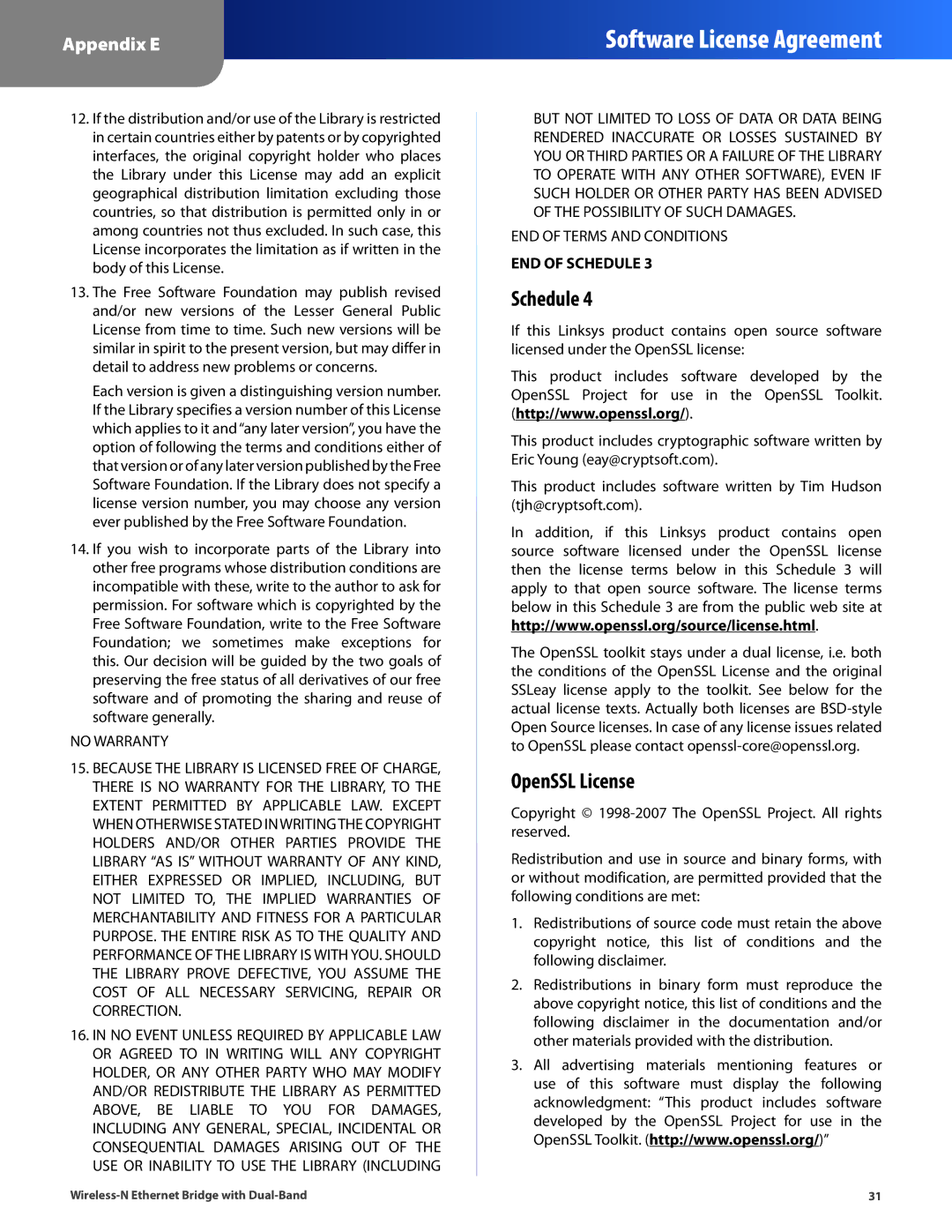 Linksys WET610N manual OpenSSL License, No Warranty 