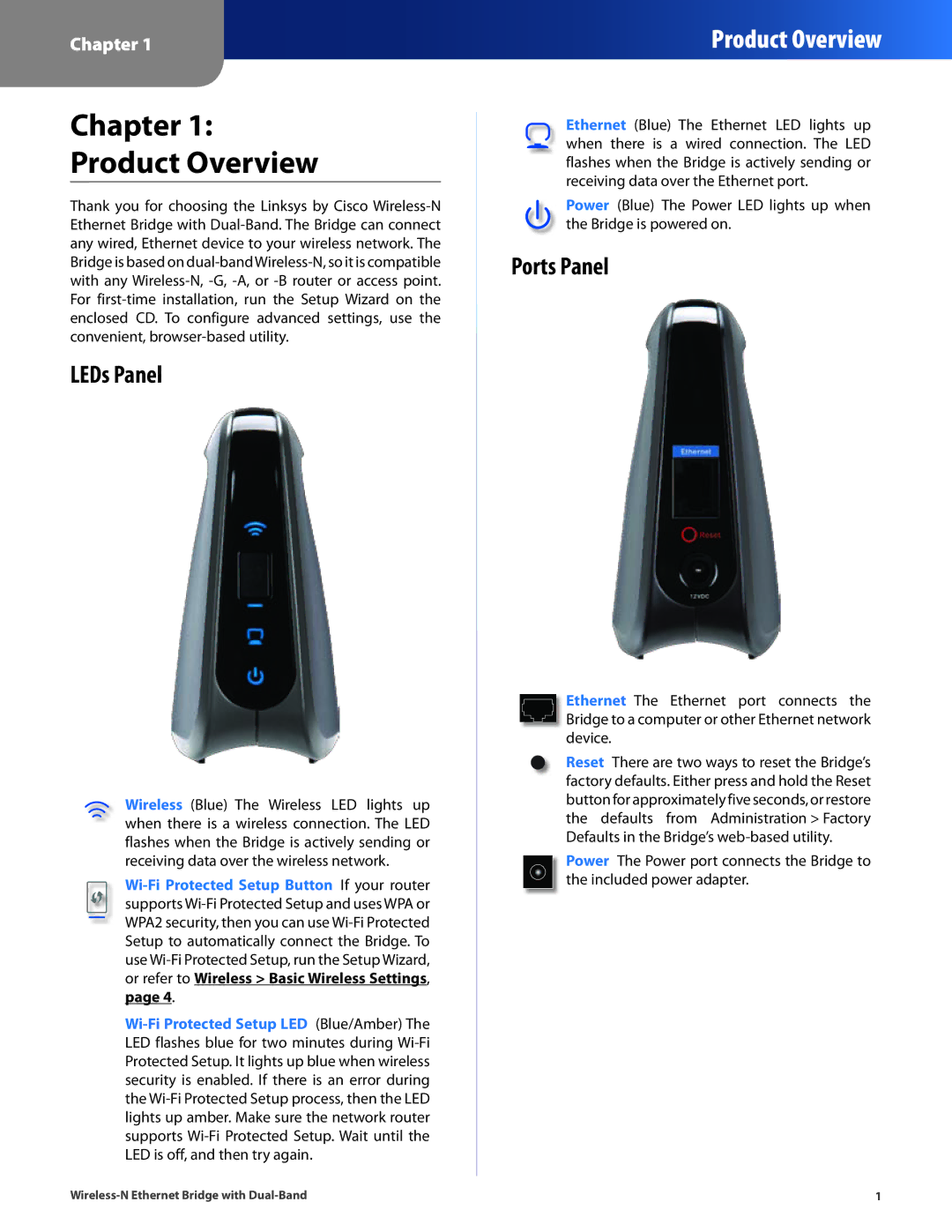 Linksys WET610N manual Chapter Product Overview, LEDs Panel, Ports Panel 