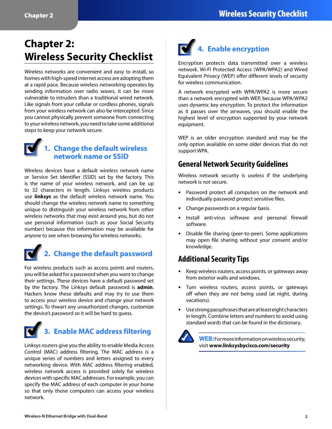 Linksys WET610N manual Chapter Wireless Security Checklist, General Network Security Guidelines, Additional Security Tips 