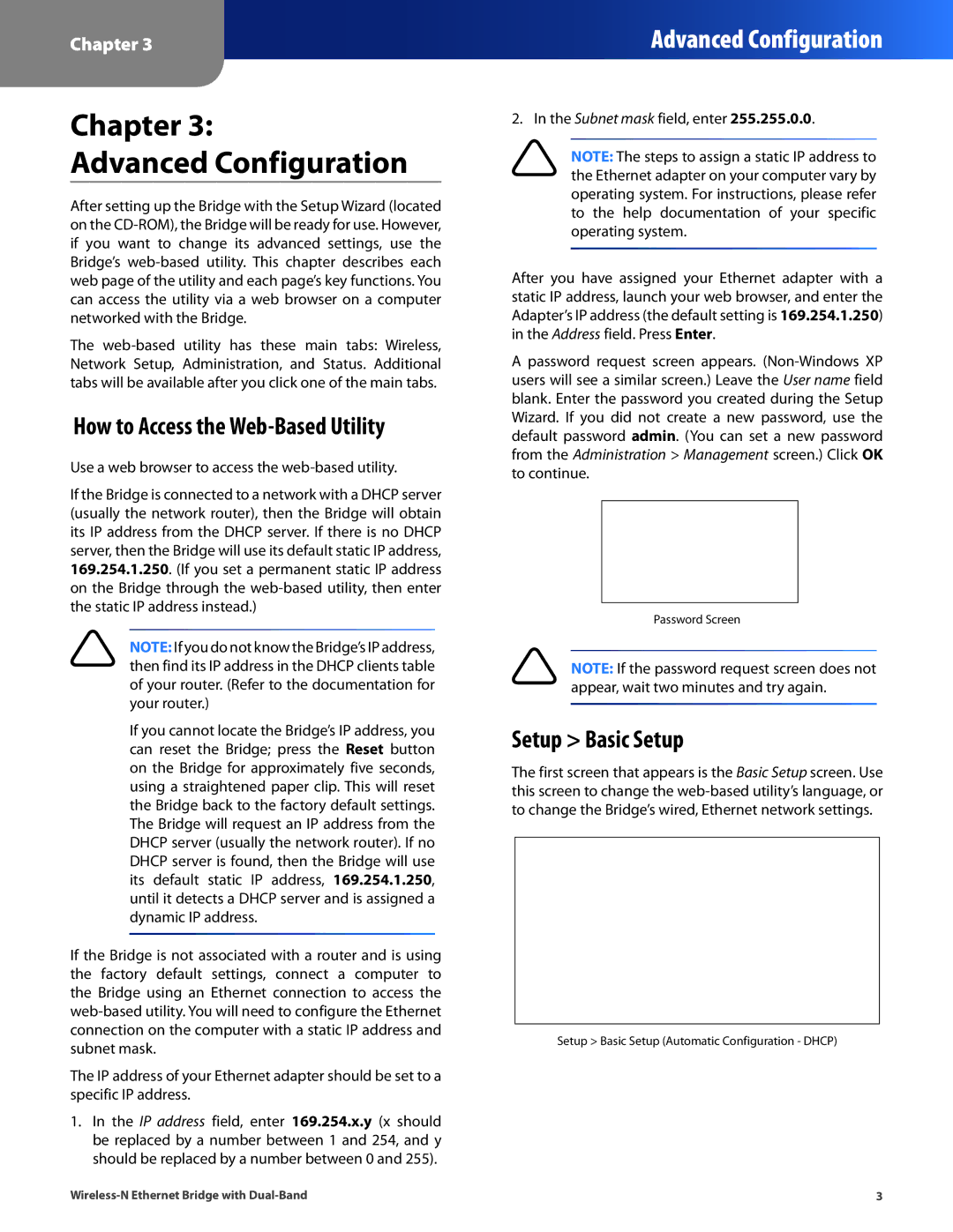 Linksys WET610N manual Chapter Advanced Configuration, How to Access the Web-Based Utility, Setup Basic Setup 