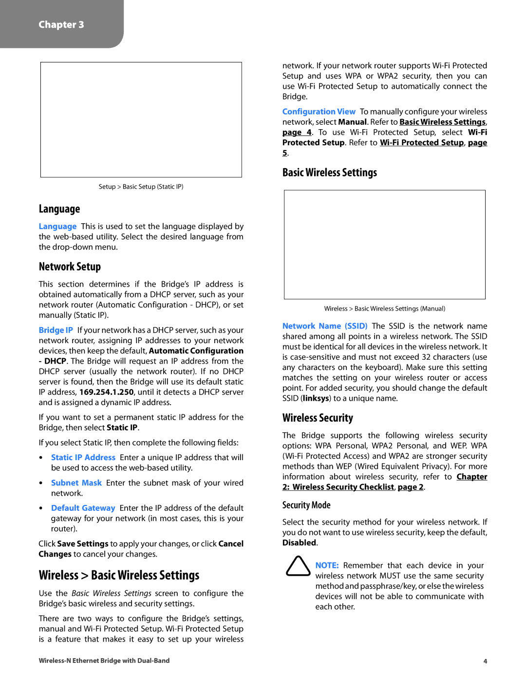 Linksys WET610N manual Wireless Basic Wireless Settings, Language, Network Setup, Wireless Security 