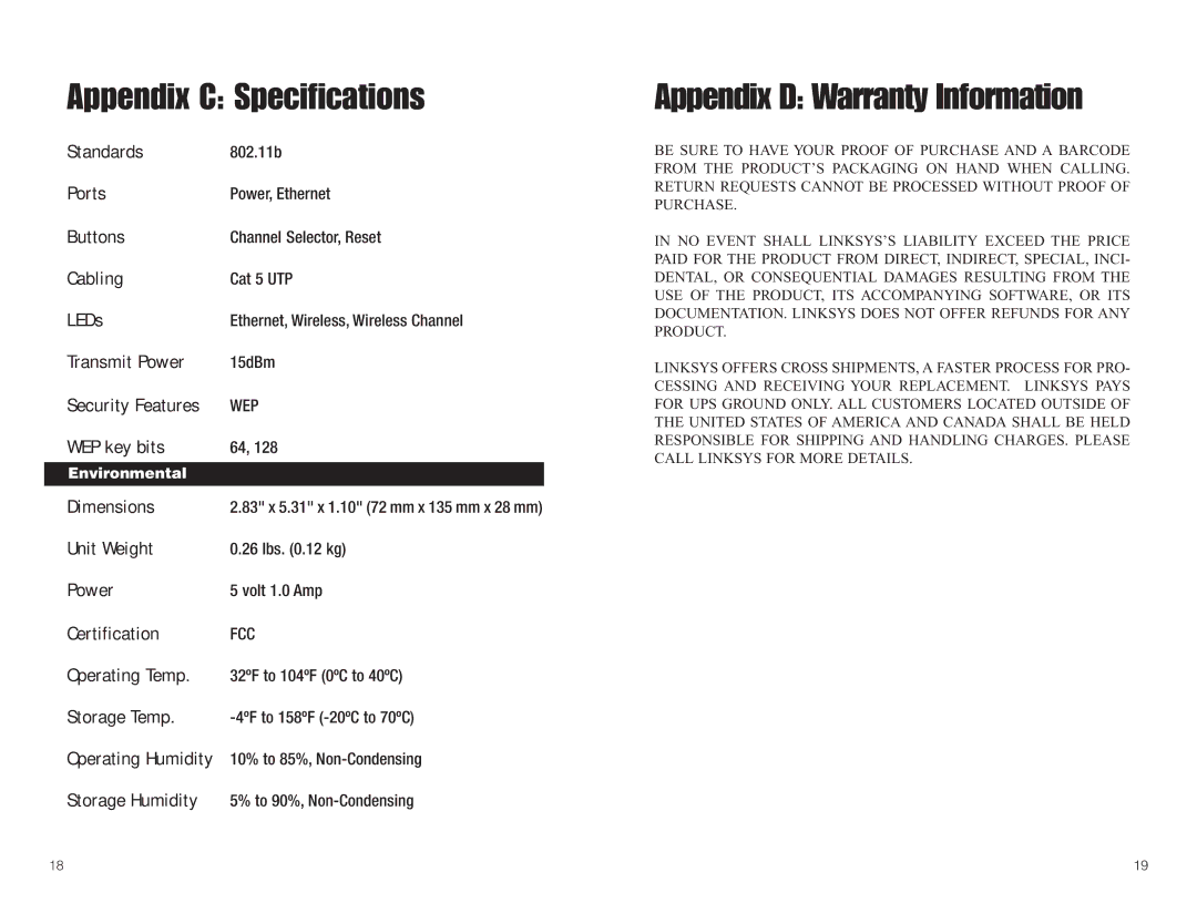 Linksys WGA11B manual Appendix C Specifications, Appendix D Warranty Information, Environmental 