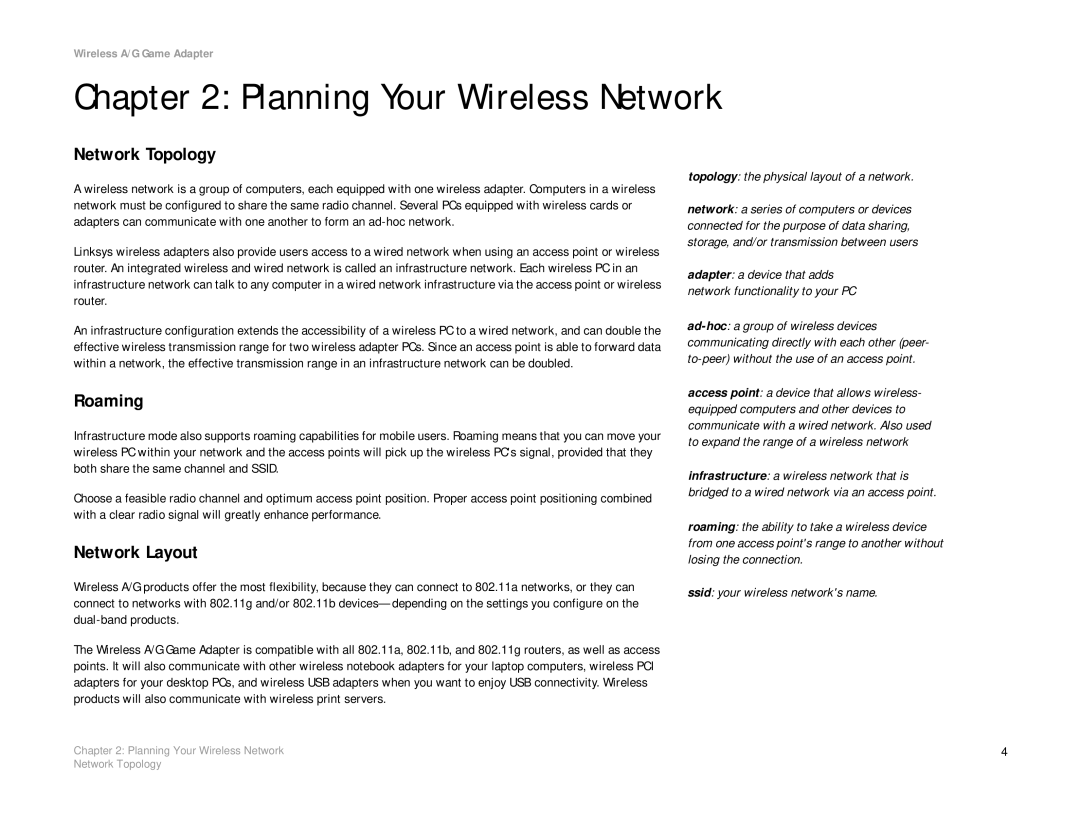 Linksys WGA54AG manual Planning Your Wireless Network, Network Topology, Roaming, Network Layout 