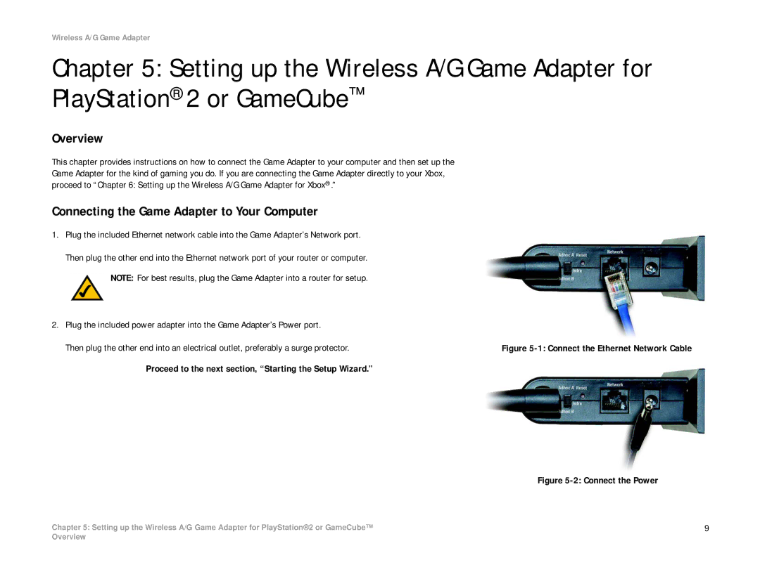 Linksys WGA54AG manual Connecting the Game Adapter to Your Computer, Proceed to the next section, Starting the Setup Wizard 