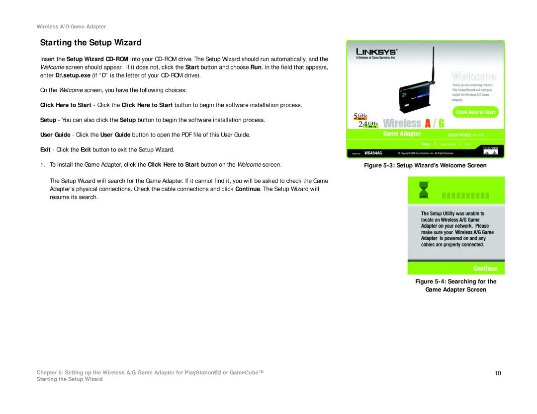 Linksys WGA54AG manual Starting the Setup Wizard, Setup Wizard’s Welcome Screen 