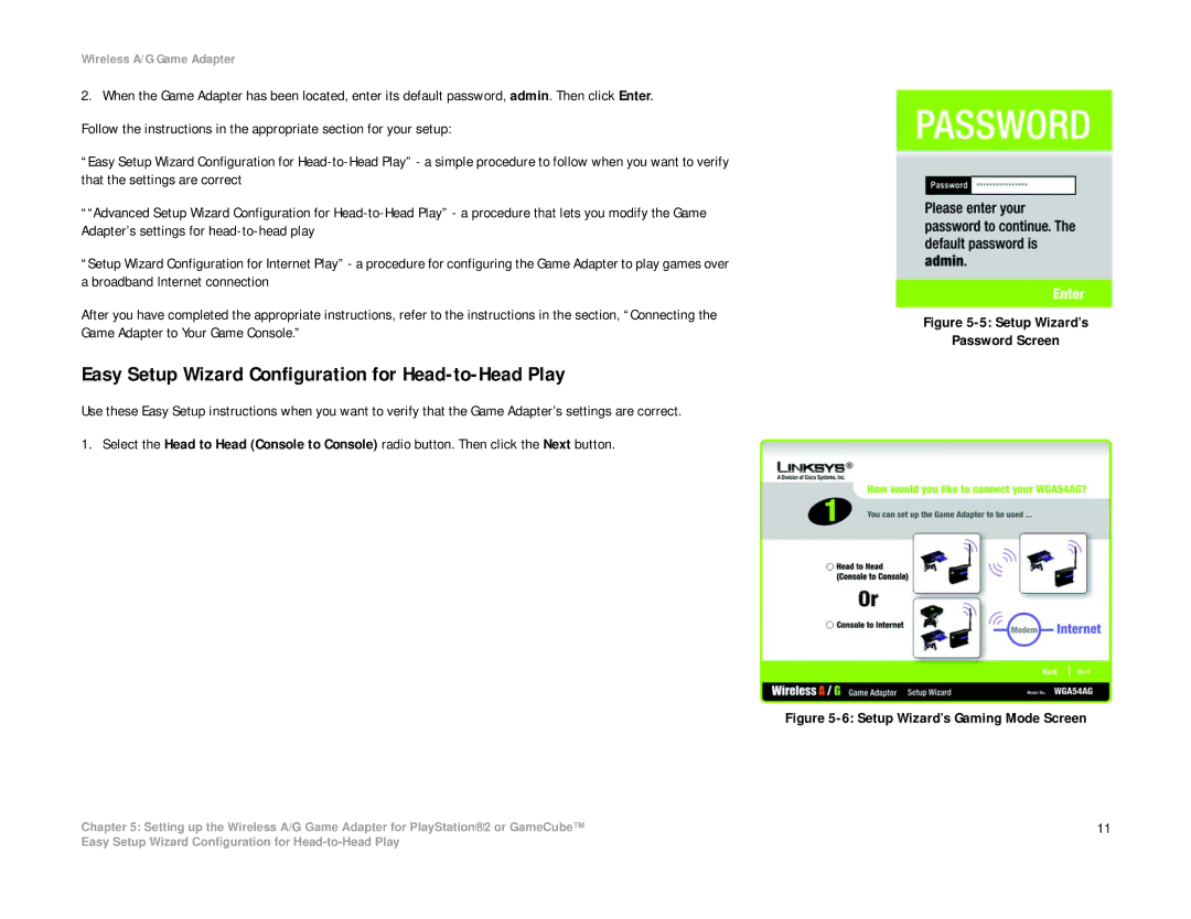 Linksys WGA54AG manual Easy Setup Wizard Configuration for Head-to-Head Play, Setup Wizard’s Password Screen 