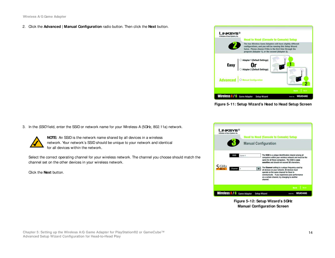 Linksys WGA54AG manual Setup Wizard’s 5GHz Manual Configuration Screen 