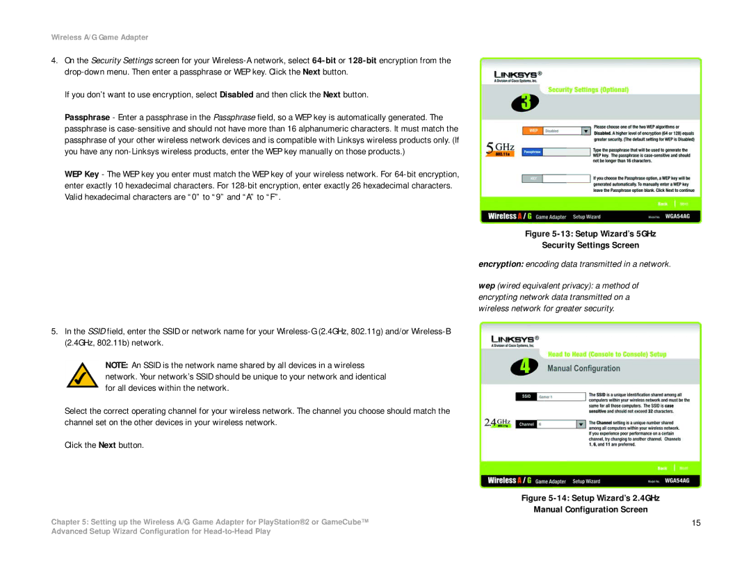 Linksys WGA54AG manual Setup Wizard’s 5GHz Security Settings Screen, Encryption encoding data transmitted in a network 