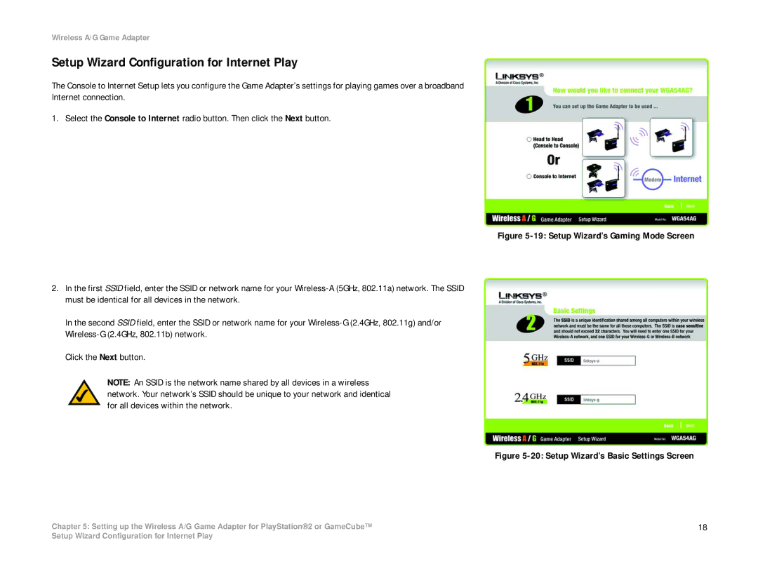 Linksys WGA54AG manual Setup Wizard Configuration for Internet Play, Setup Wizard’s Basic Settings Screen 