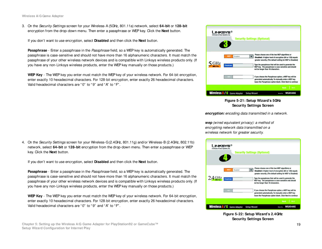 Linksys WGA54AG manual Setup Wizard’s 5GHz Security Settings Screen 