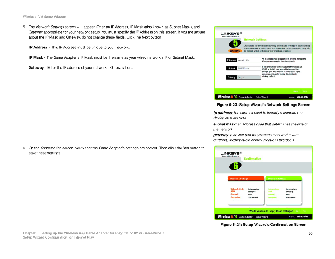 Linksys WGA54AG manual Setup Wizard’s Network Settings Screen 
