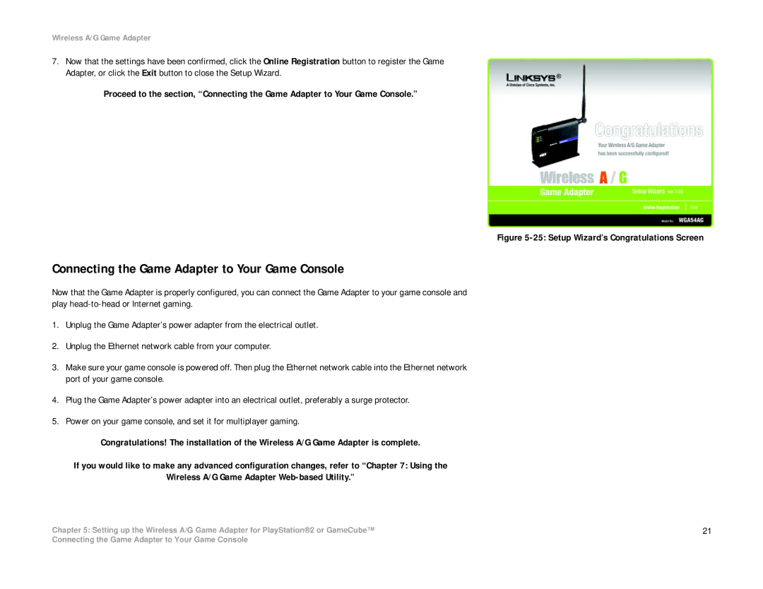 Linksys WGA54AG manual Connecting the Game Adapter to Your Game Console, Setup Wizard’s Congratulations Screen 