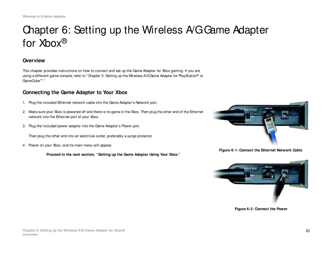 Linksys WGA54AG manual Setting up the Wireless A/G Game Adapter for Xbox, Connecting the Game Adapter to Your Xbox 