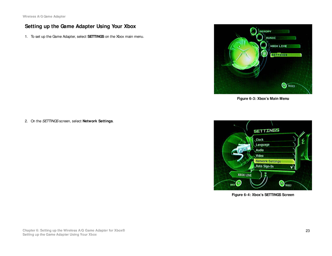 Linksys WGA54AG manual Setting up the Game Adapter Using Your Xbox, Xbox’s Settings Screen 