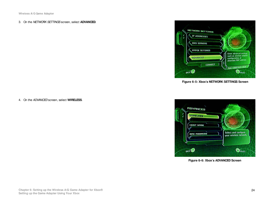 Linksys WGA54AG manual On the Network Settings screen, select Advanced, Xbox’s Advanced Screen 