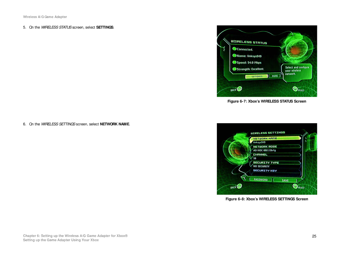 Linksys WGA54AG manual On the Wireless Status screen, select Settings, Xbox’s Wireless Settings Screen 