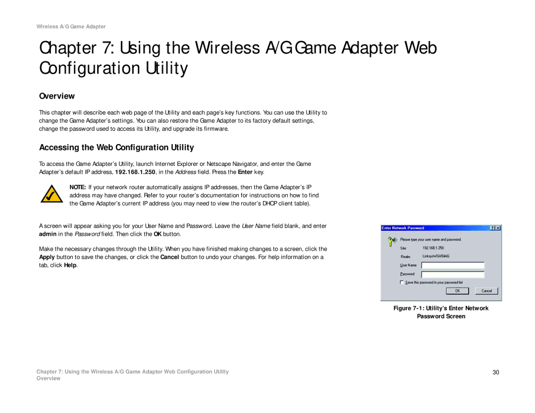 Linksys WGA54AG manual Accessing the Web Configuration Utility, Utility’s Enter Network Password Screen 