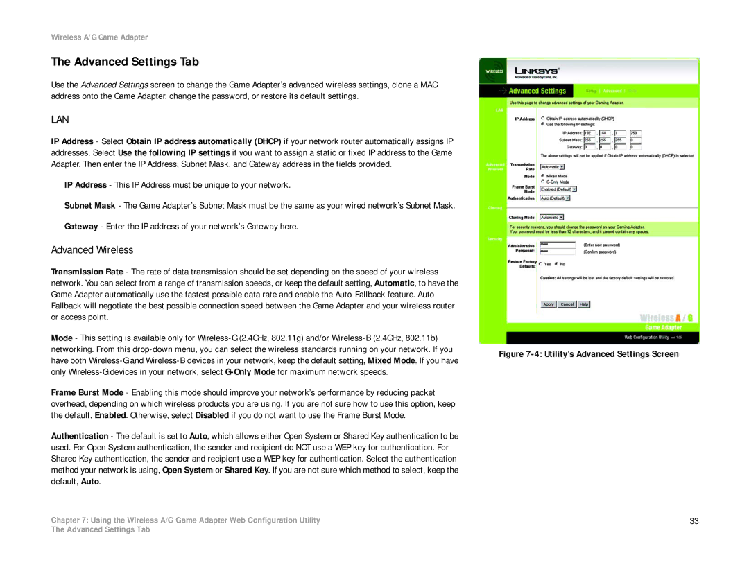 Linksys WGA54AG manual Advanced Settings Tab, IP Address This IP Address must be unique to your network 