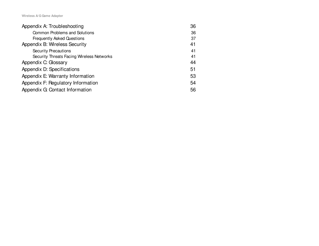 Linksys WGA54AG manual Appendix a Troubleshooting, Appendix B Wireless Security 