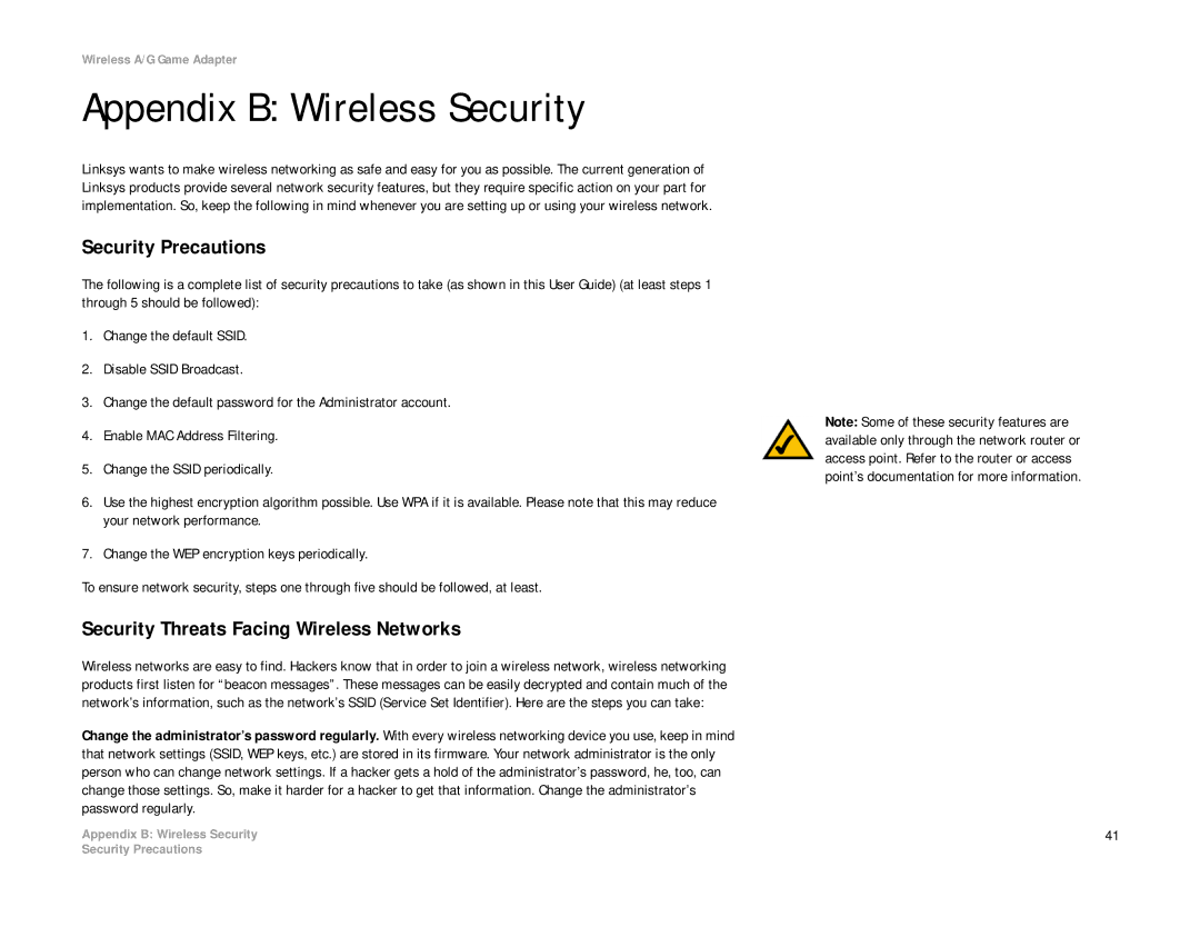 Linksys WGA54AG manual Appendix B Wireless Security, Security Precautions, Security Threats Facing Wireless Networks 