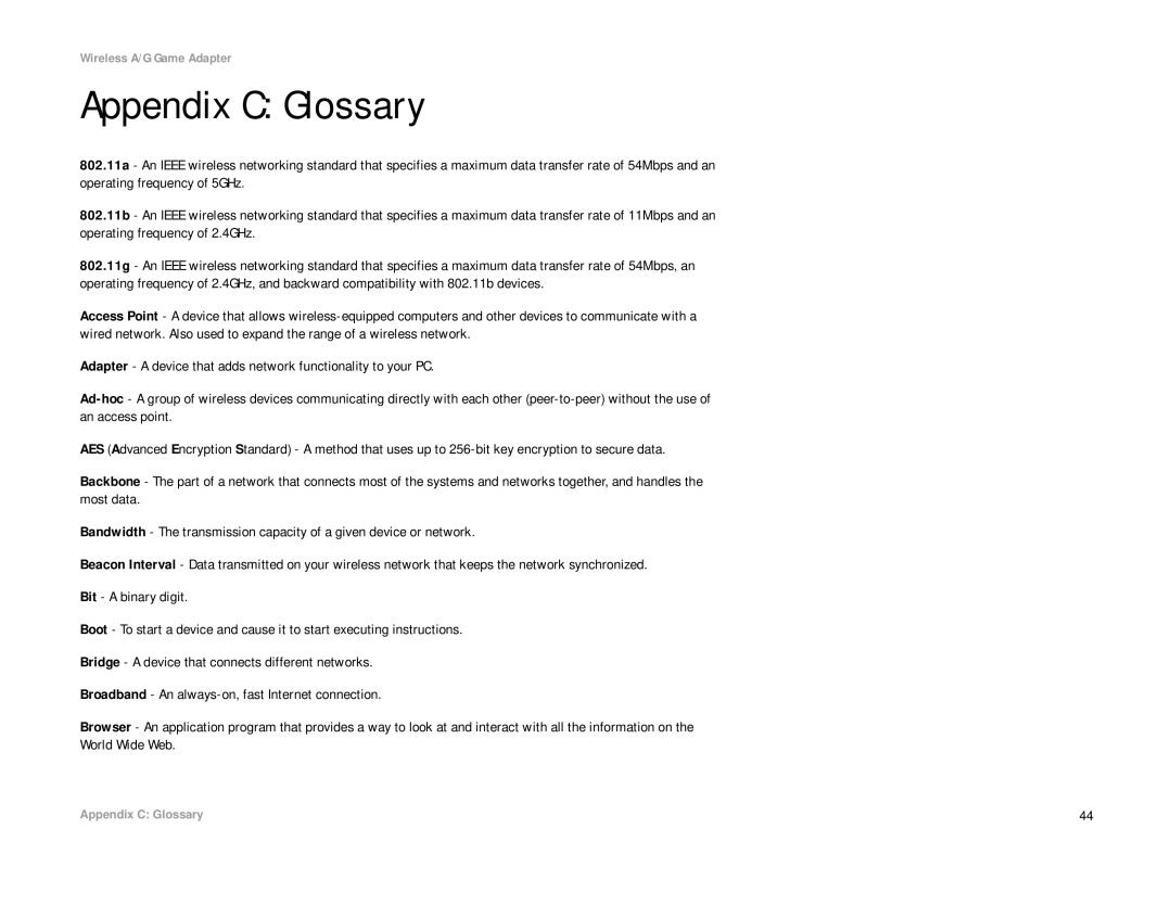 Linksys WGA54AG manual Appendix C Glossary 