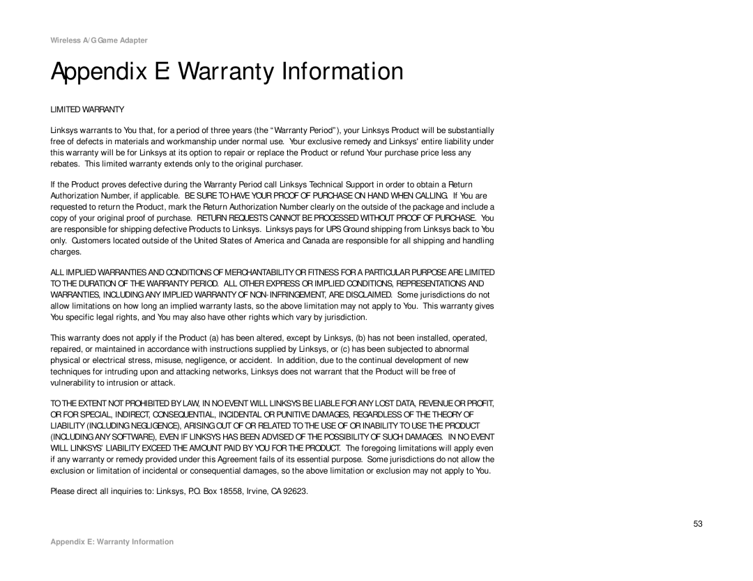 Linksys WGA54AG manual Appendix E Warranty Information, Limited Warranty 