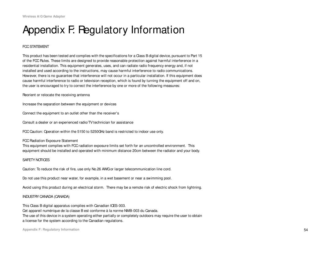 Linksys WGA54AG manual Appendix F Regulatory Information, FCC Statement 