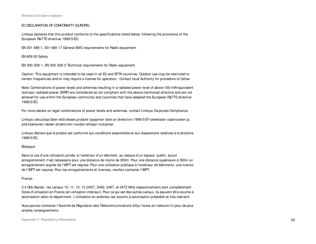 Linksys WGA54AG manual EC Declaration of Conformity Europe, France 