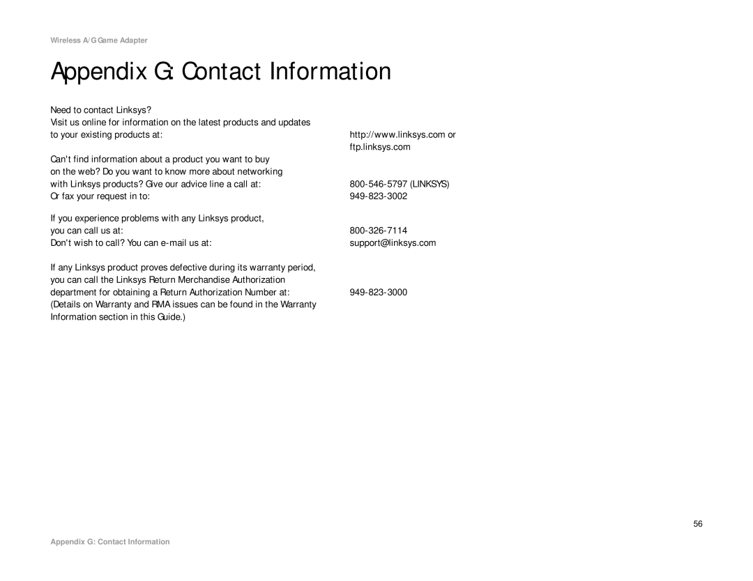 Linksys WGA54AG manual Appendix G Contact Information, Linksys 
