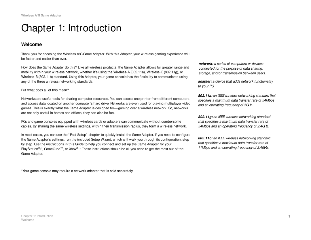 Linksys WGA54AG manual Introduction, Welcome, Adapter a device that adds network functionality to your PC 