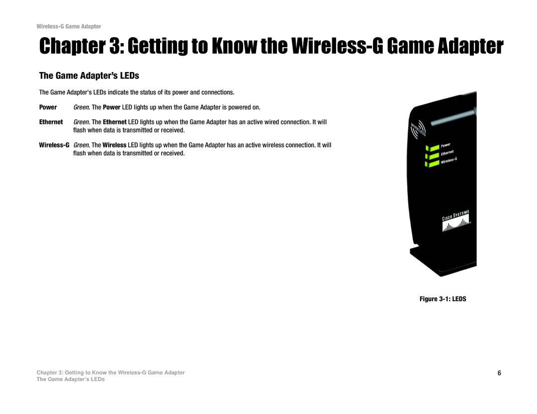 Linksys WGA54G manual Getting to Know the Wireless-G Game Adapter, Game Adapter’s LEDs 