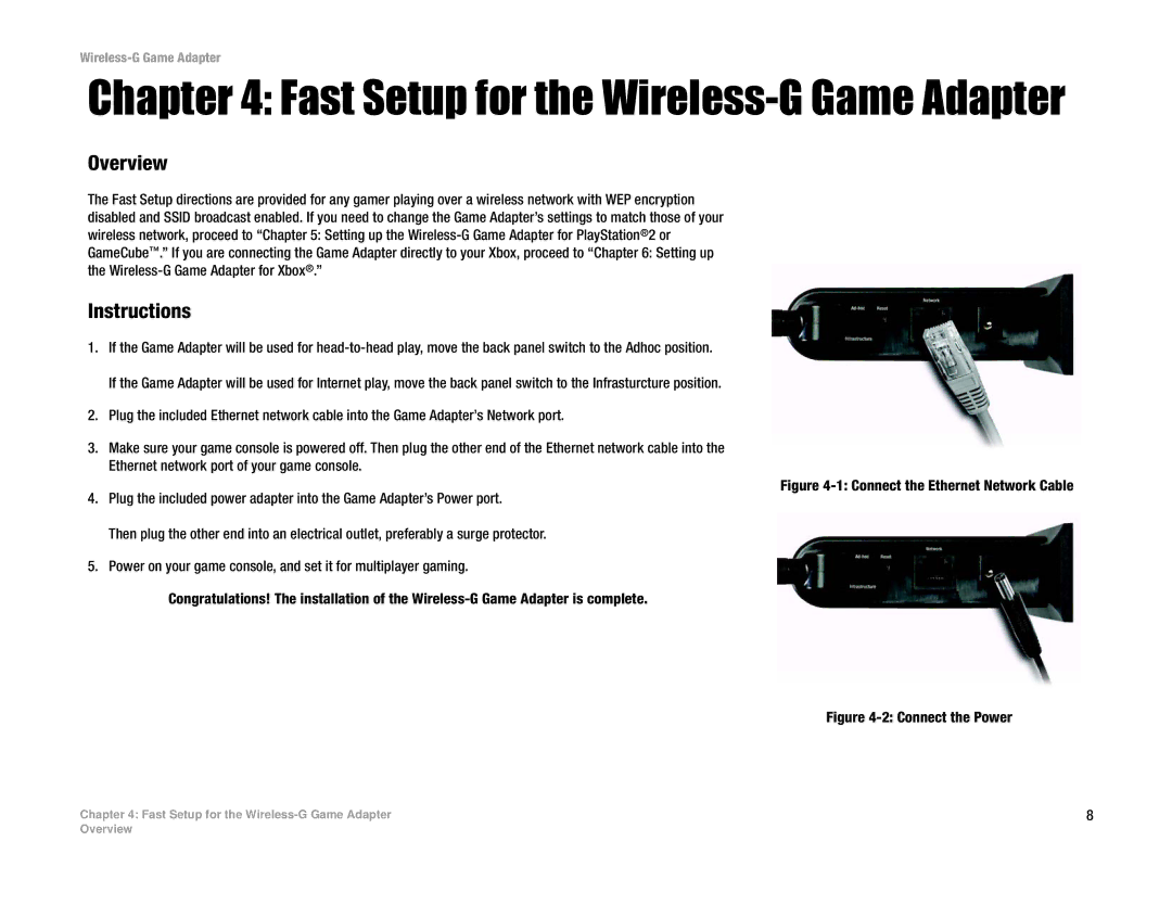 Linksys WGA54G manual Fast Setup for the Wireless-G Game Adapter, Overview, Instructions 