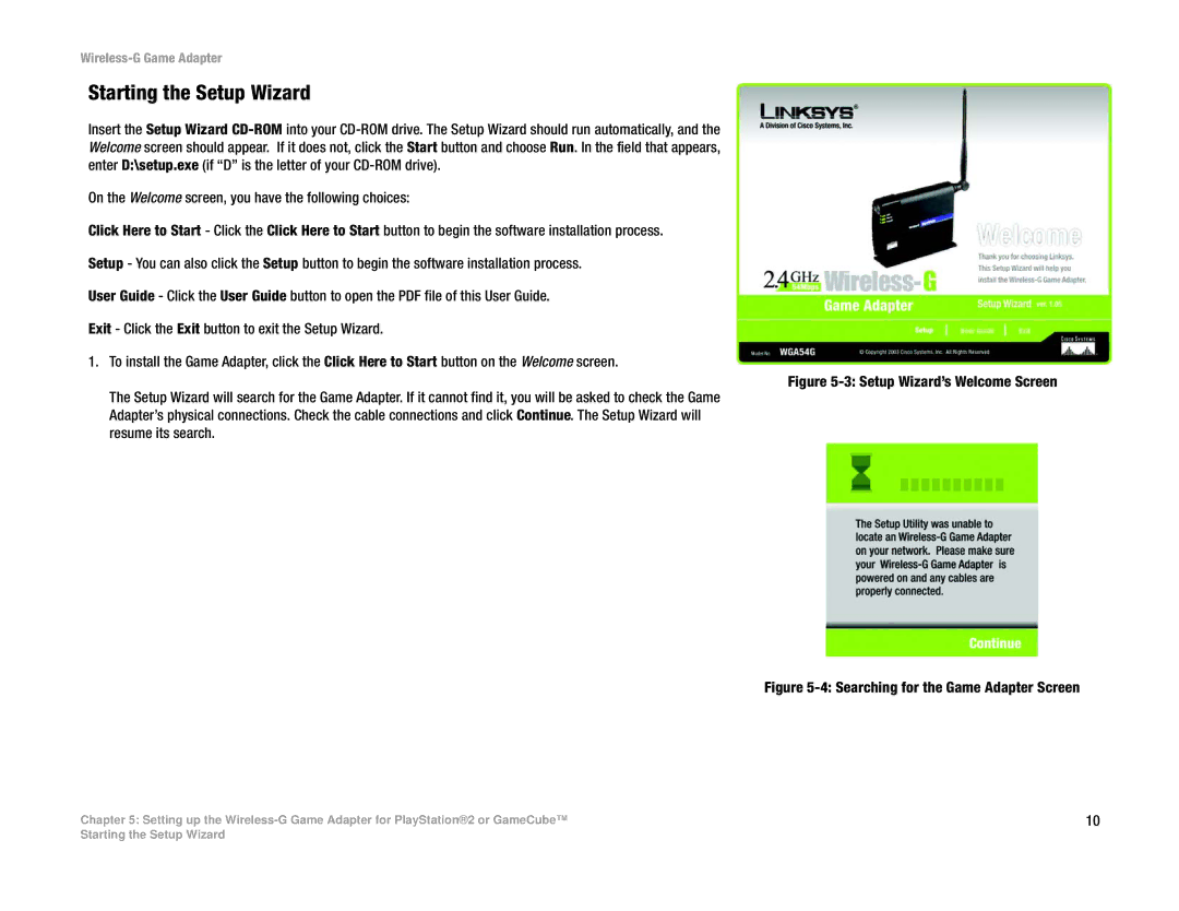 Linksys WGA54G manual Starting the Setup Wizard, Searching for the Game Adapter Screen 