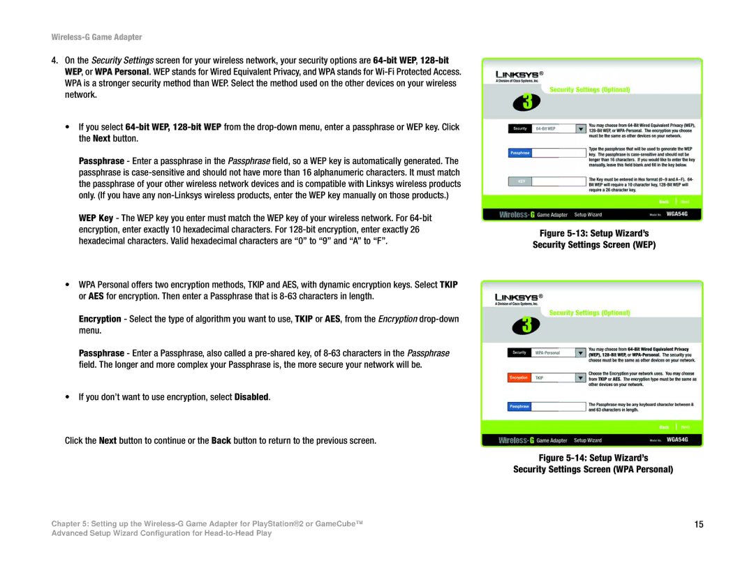 Linksys WGA54G manual Setup Wizard’s Security Settings Screen WEP 