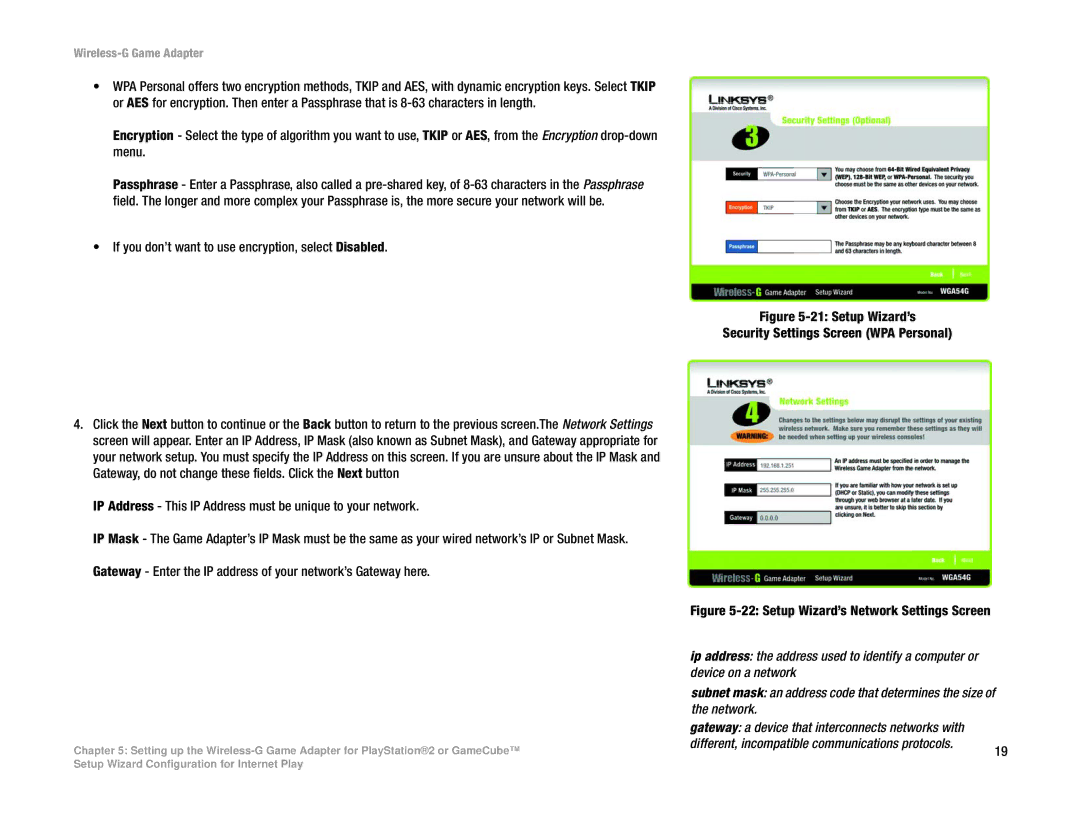 Linksys WGA54G manual Setup Wizard’s Security Settings Screen WPA Personal 