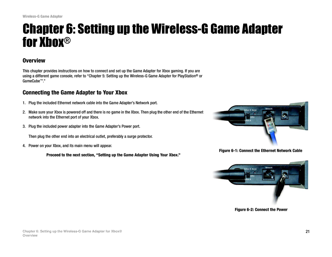 Linksys WGA54G manual Setting up the Wireless-G Game Adapter for Xbox, Connecting the Game Adapter to Your Xbox 