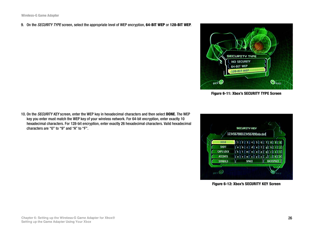 Linksys WGA54G manual Xbox’s Security KEY Screen 