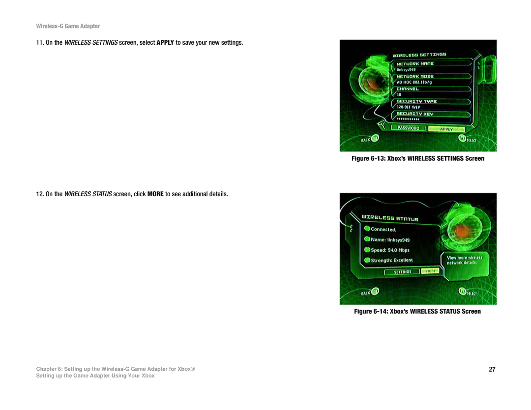 Linksys WGA54G manual Xbox’s Wireless Status Screen 