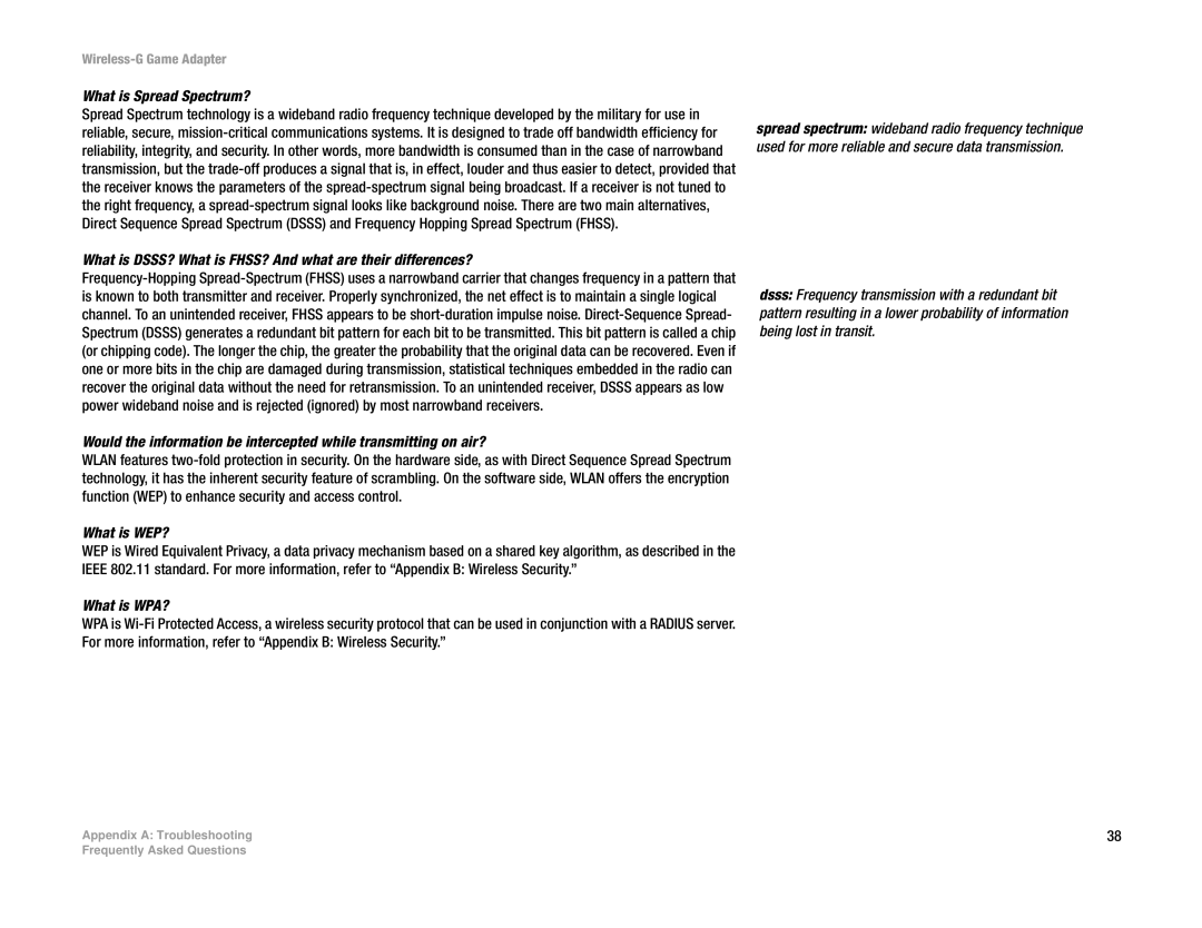 Linksys WGA54G manual What is Spread Spectrum?, What is DSSS? What is FHSS? And what are their differences?, What is WEP? 