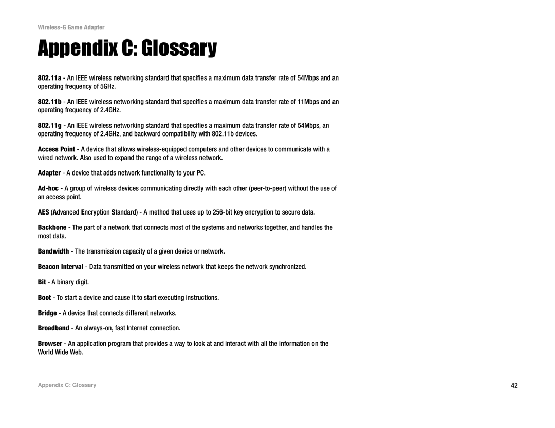 Linksys WGA54G manual Appendix C Glossary 