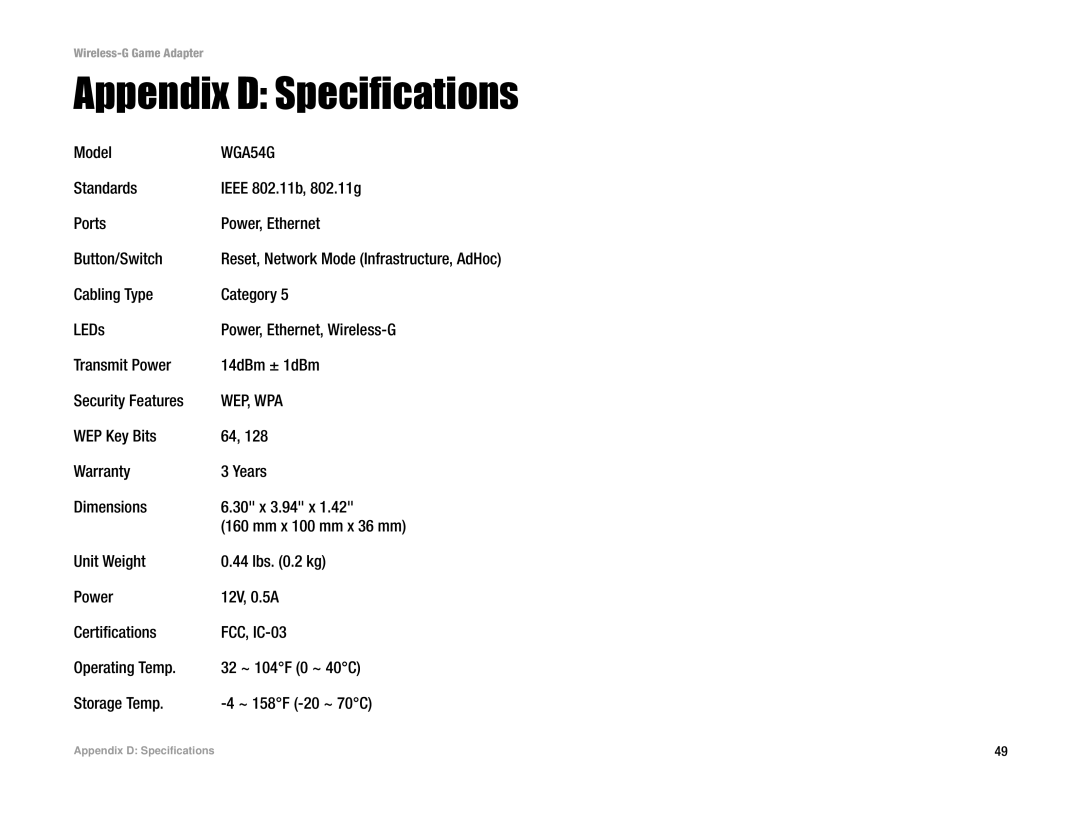 Linksys WGA54G manual Appendix D Specifications 