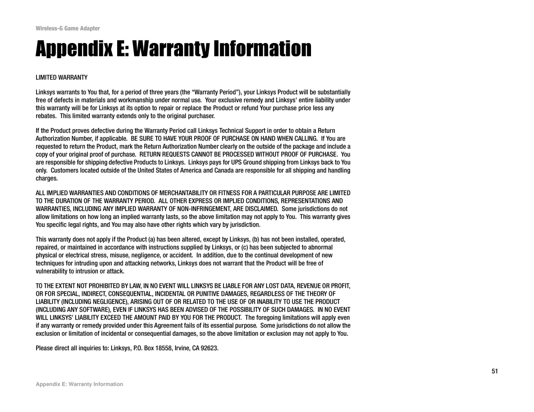 Linksys WGA54G manual Appendix E Warranty Information, Limited Warranty 