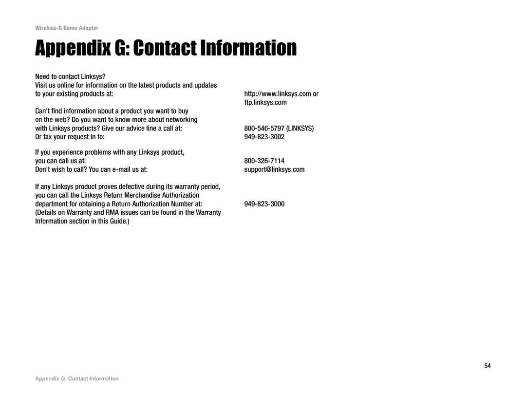 Linksys WGA54G manual Appendix G Contact Information 