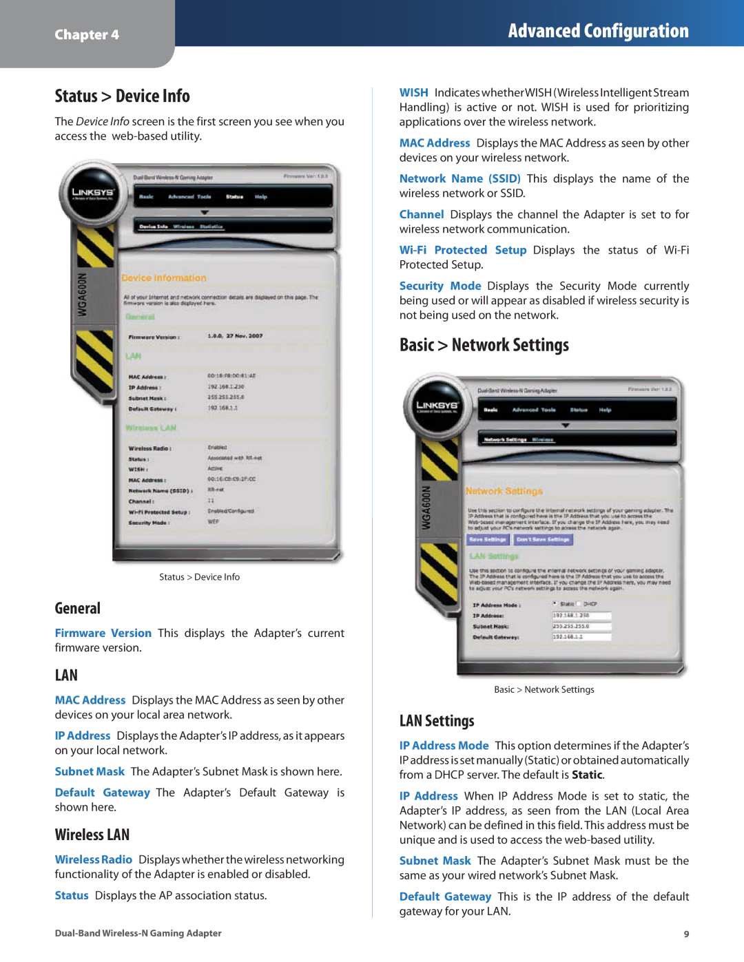 Linksys WGA600N manual Status Device Info, Basic Network Settings, General, Wireless LAN, LAN Settings 