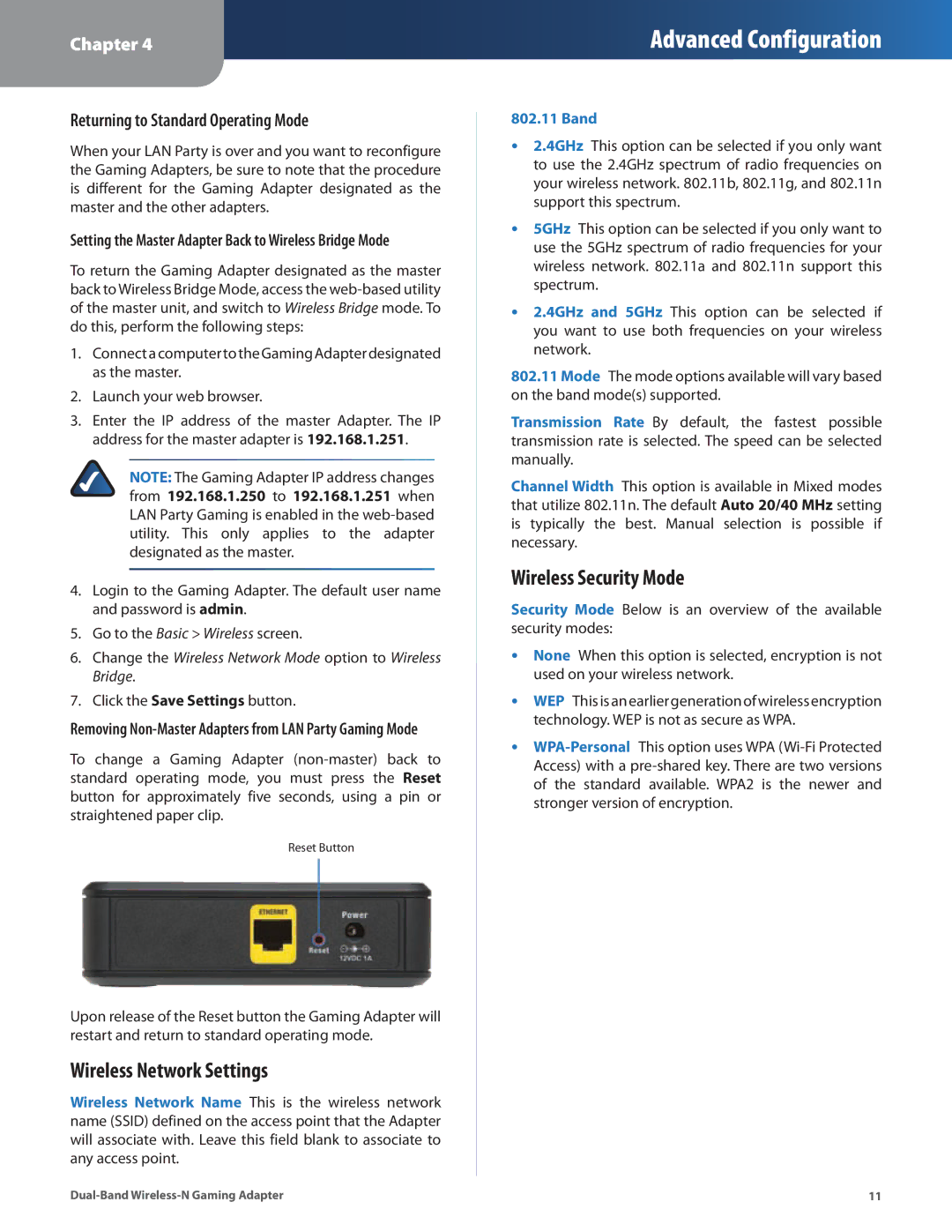 Linksys WGA600N manual Wireless Network Settings, Wireless Security Mode 