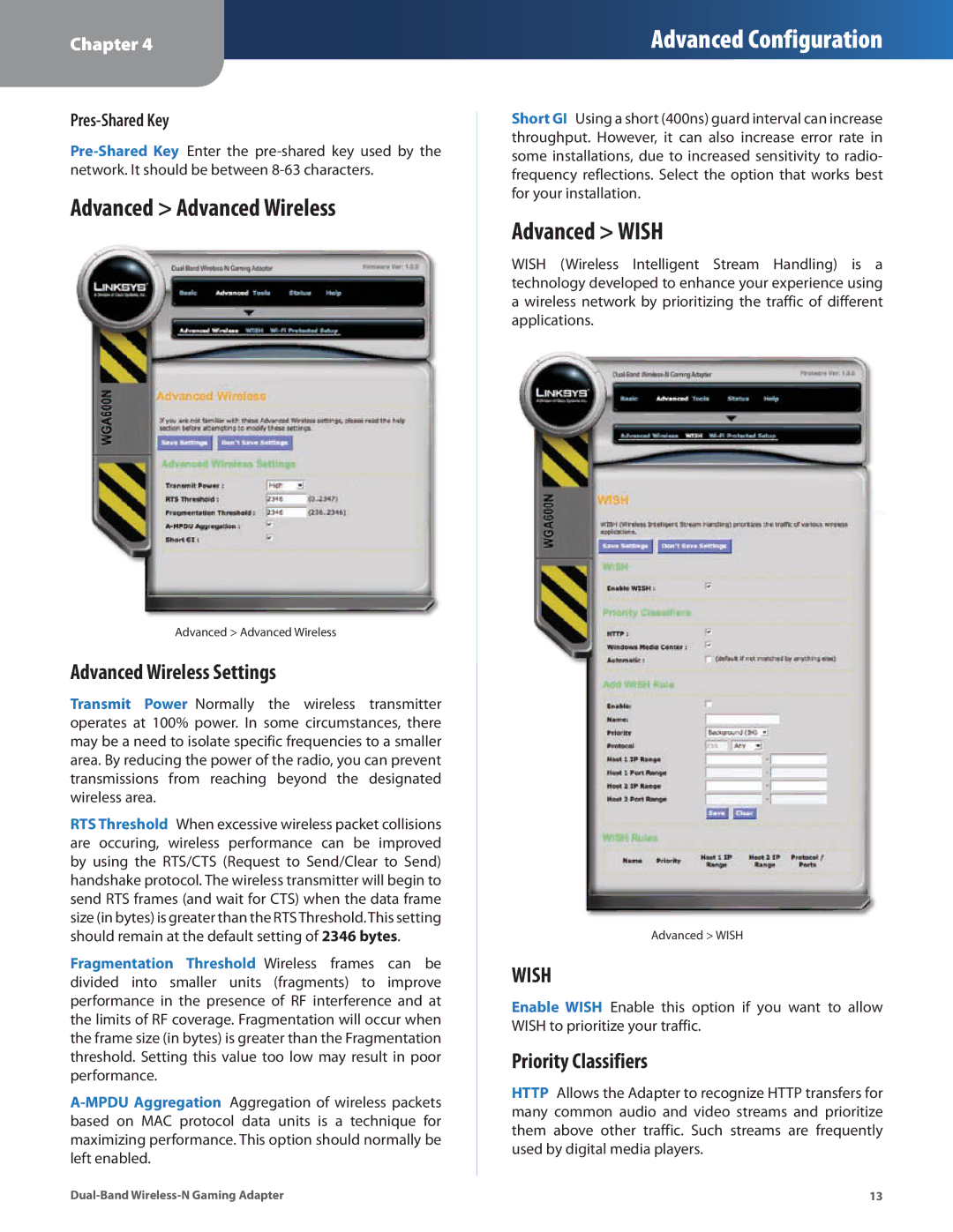 Linksys WGA600N manual Advanced Advanced Wireless, Advanced Wish, Advanced Wireless Settings, Priority Classifiers 