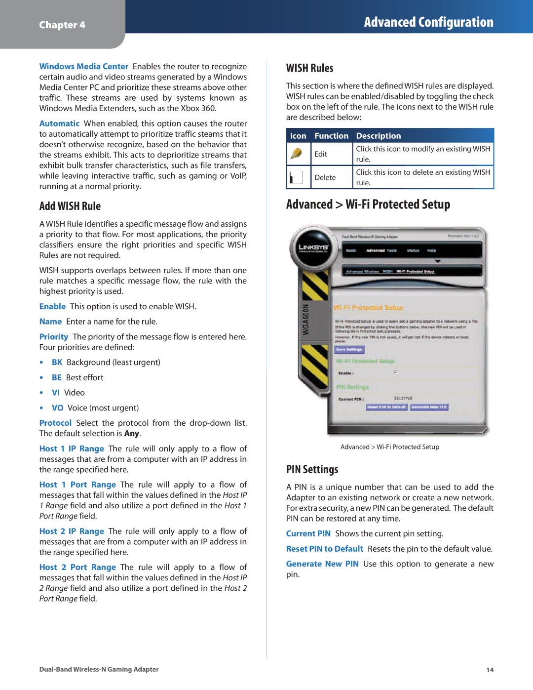 Linksys WGA600N manual Advanced Wi-Fi Protected Setup, Add Wish Rule, Wish Rules, PIN Settings 