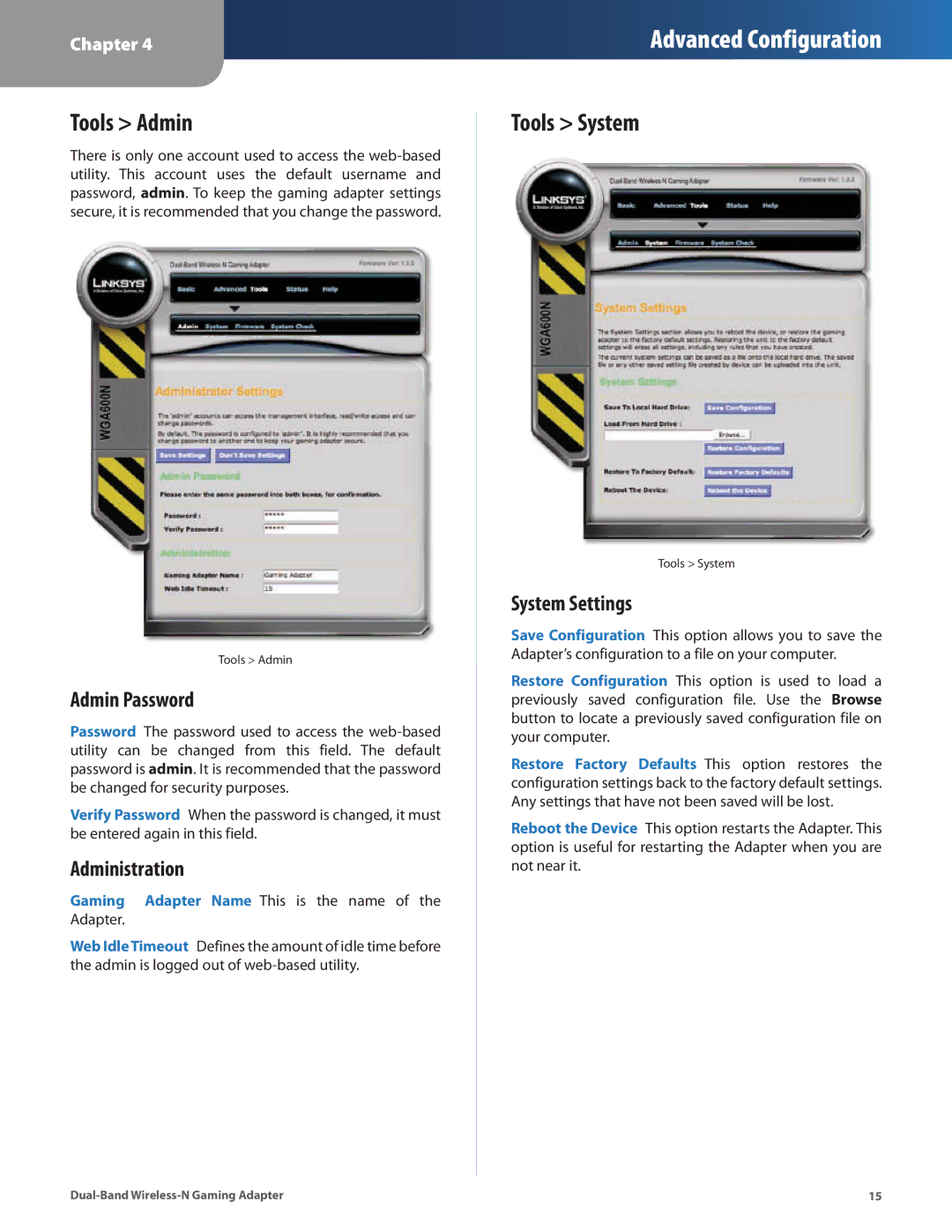 Linksys WGA600N manual Tools Admin, Tools System, Admin Password, Administration, System Settings 