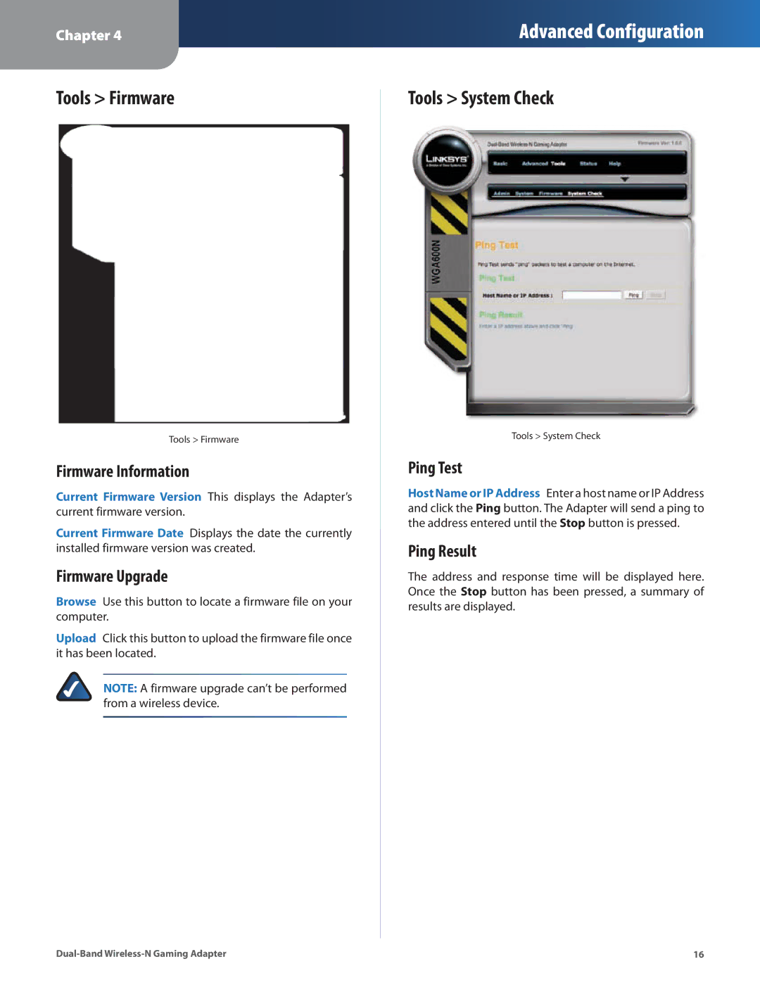 Linksys WGA600N manual Firmware Information Ping Test, Ping Result, Firmware Upgrade 